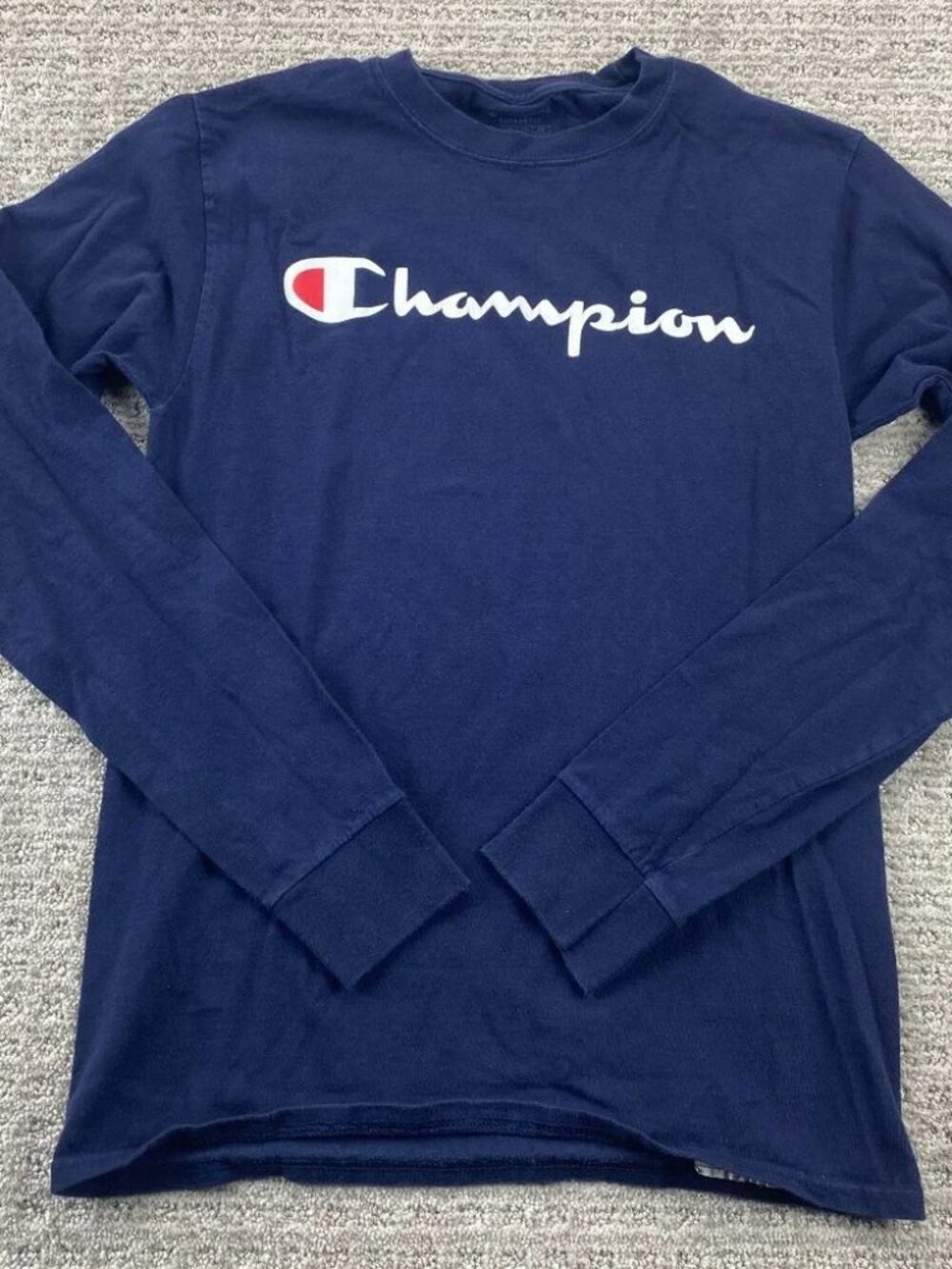 Champion Shirt Women Small S Navy Blue Long Sleeve Spell Out Graphic Tee